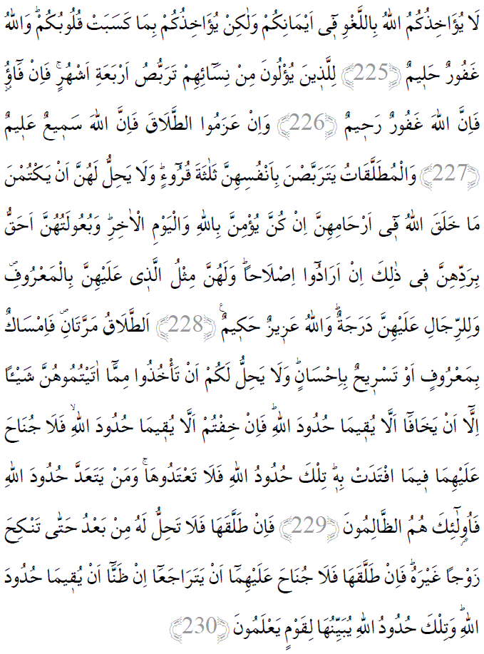 Bakara Suresi 225-230 ayetleri arapça yazılışı