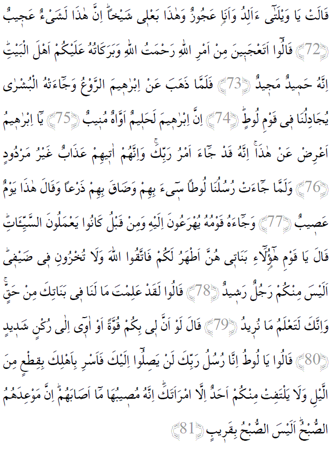 Hud suresi 72-81 ayetleri arapça yazılışı