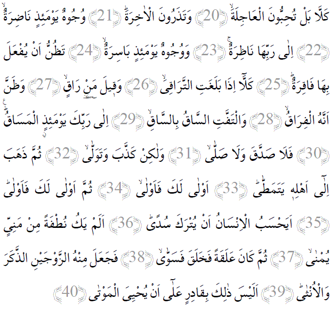 Kıyame suresi 20-40 ayetleri arapça yazılışı
