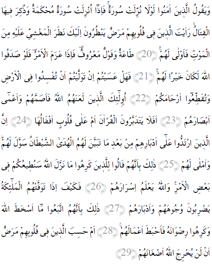 Muhammed suresi 20-29 ayetleri arapça yazılışı