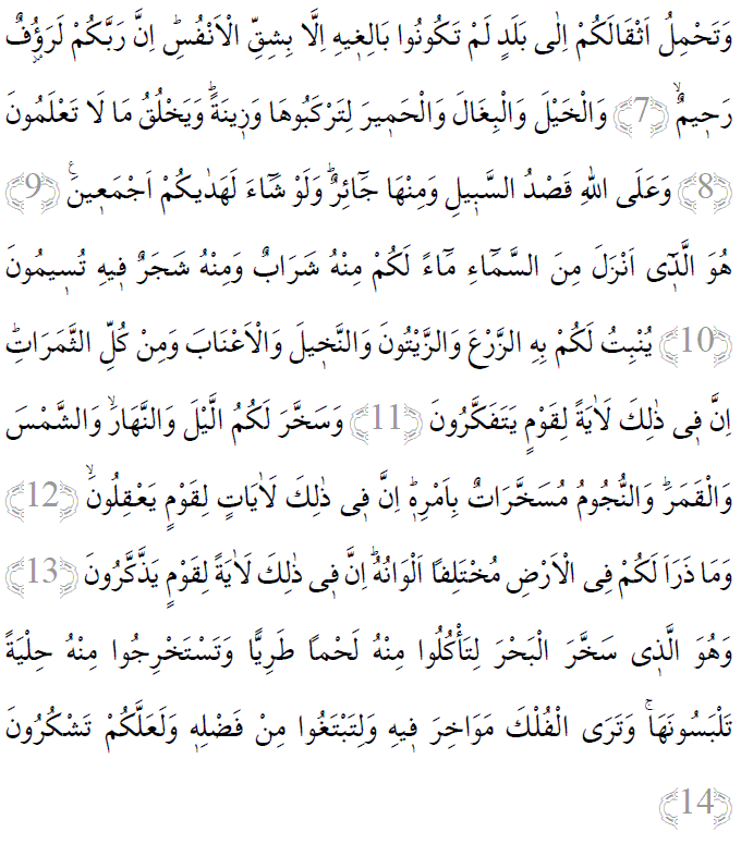 Nahl suresi 7-14 ayetleri arapça yazılışı