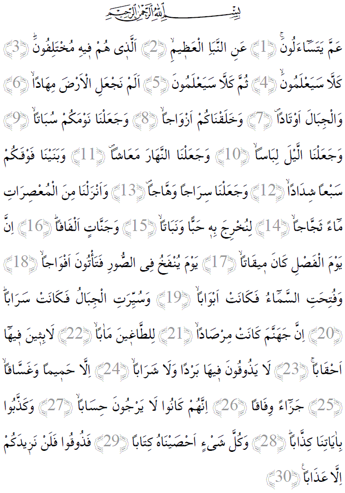 Nebe suresi 1-30 ayetleri arapça yazılışı