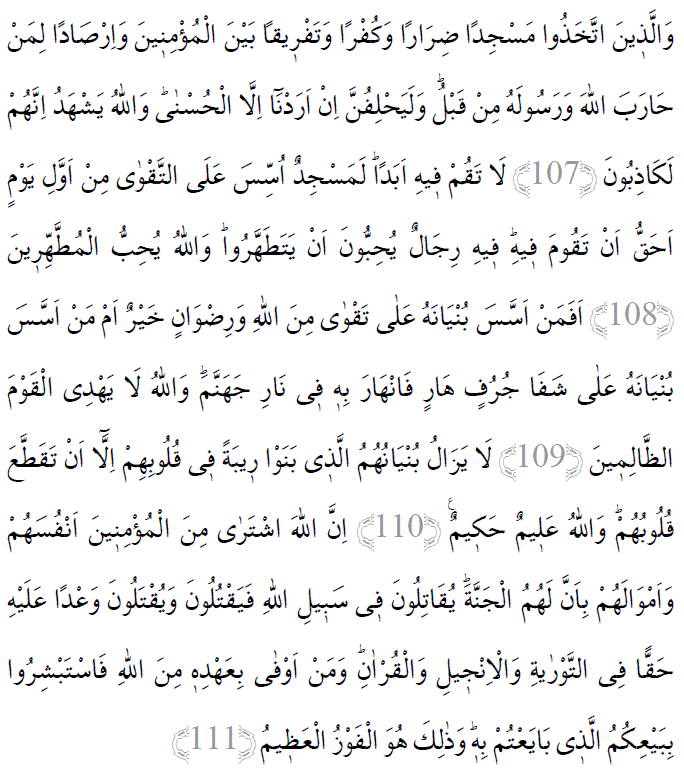 Tevbe suresi 107-111 ayetleri arapça yazılışı