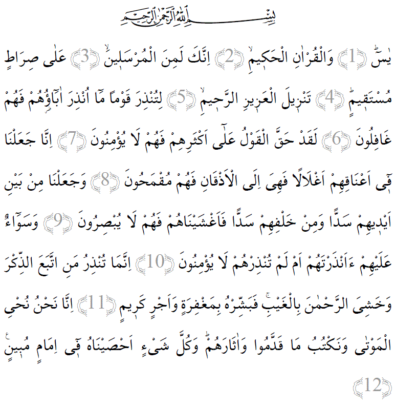 Yasin suresi 1-12 ayetleri arapça yazılışı
