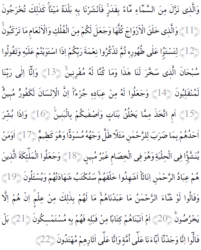Zuhruf suresi 11-22 ayetleri arapça yazılışı